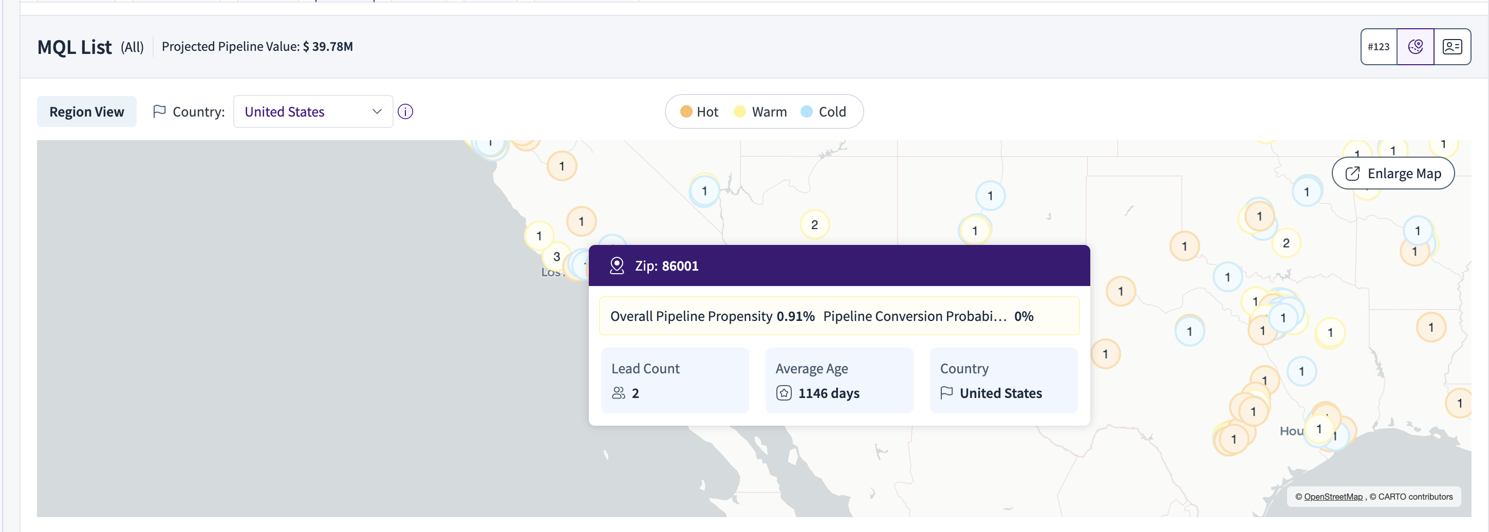 Map displaying pipeline data for the United States with highlighted statistics for zip code 86001.
