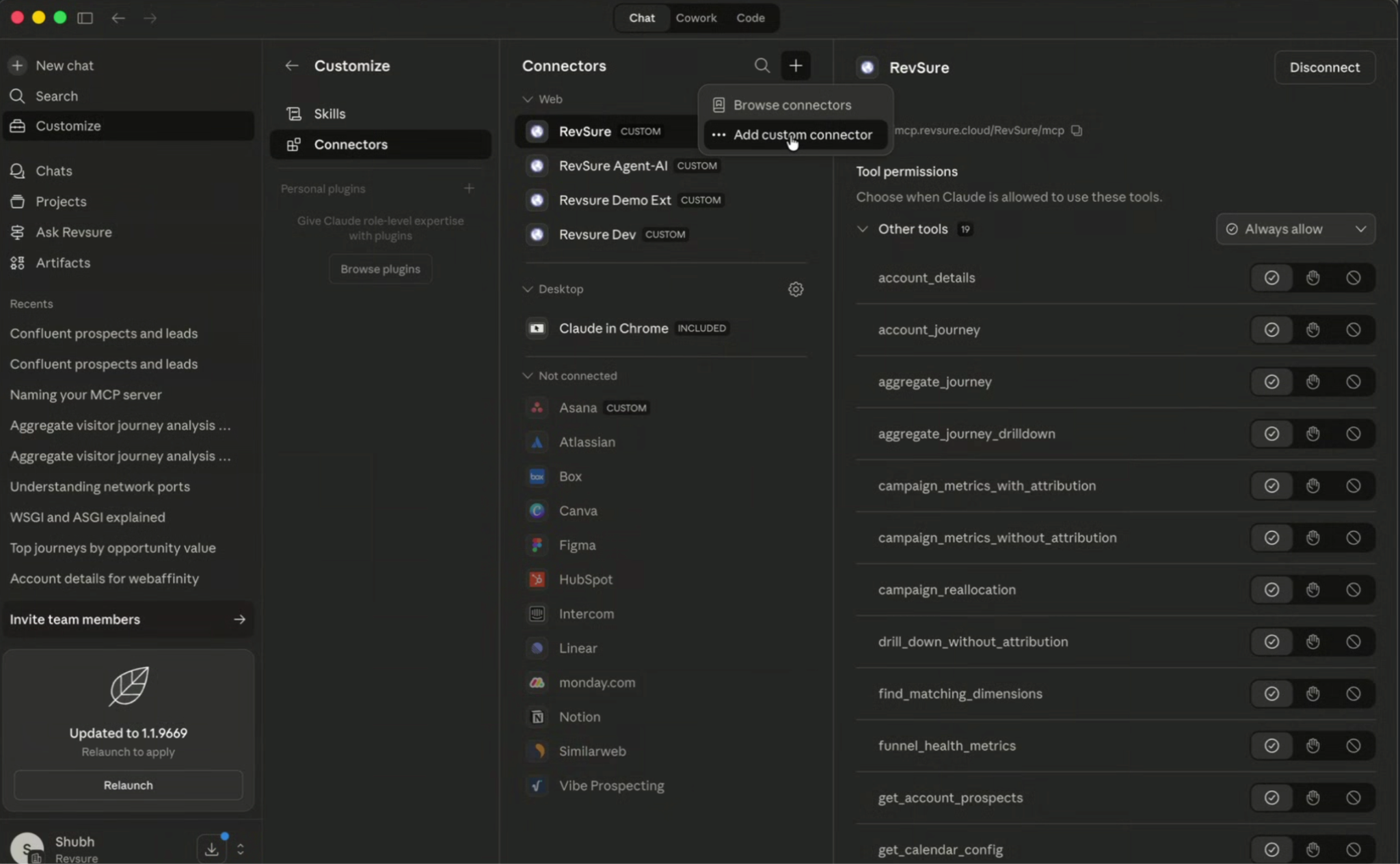 Dark-themed application screenshot showing a left sidebar with Customize, a central Connectors list with RevSure selected, and a right panel listing tool permissions for the RevSure connector.