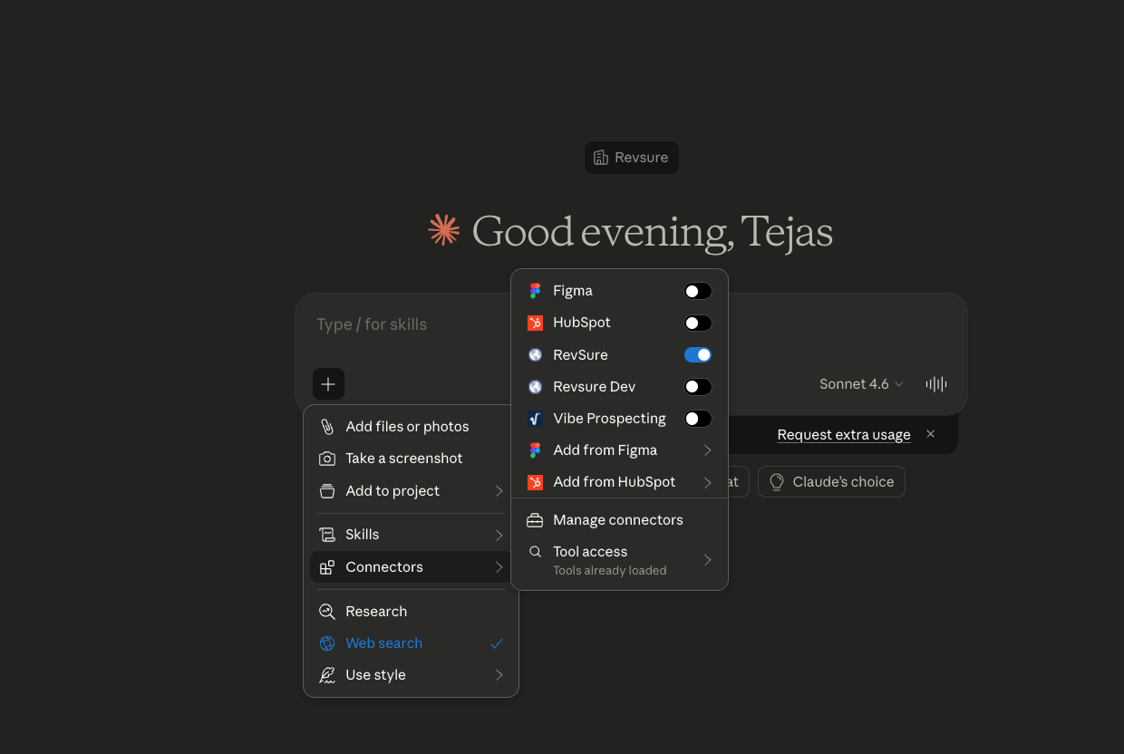 Dark application UI screenshot with centered heading Good evening, Tejas and a floating connectors menu overlay showing toggle switches and connector names (e.g., Figma, HubSpot, RevSure). The UI is predominantly dark gray with rounded menu panels and small UI icons.