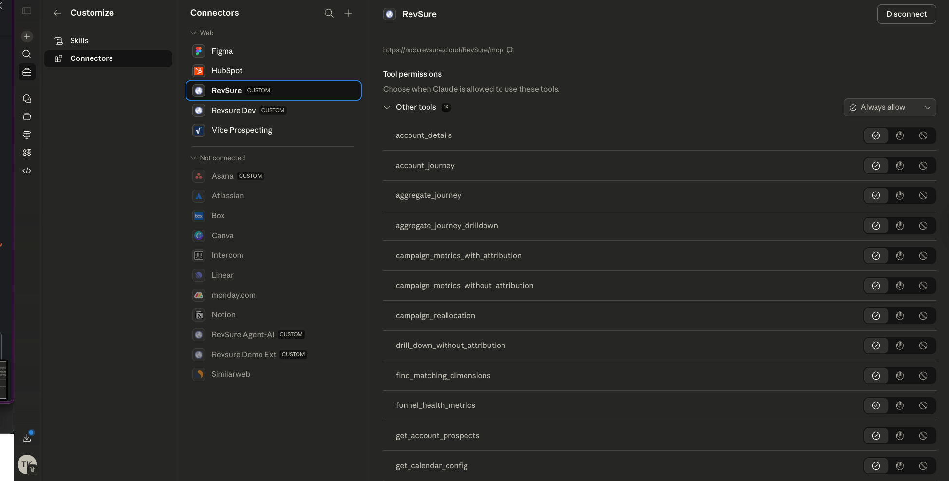 Dark-themed application screenshot showing the left sidebar with Customize and Connectors, the RevSure connector selected, and a right-side panel listing tool permissions with an Always allow option and toggle icons