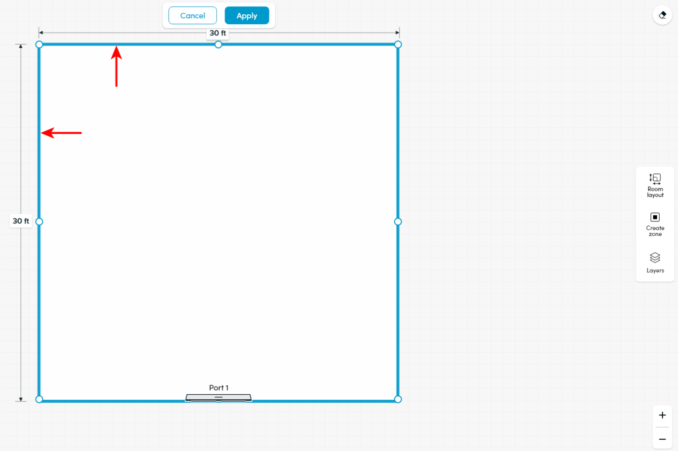 Screenshot showing the room dimension adjustment for the Nureva HDL310 coverage map.