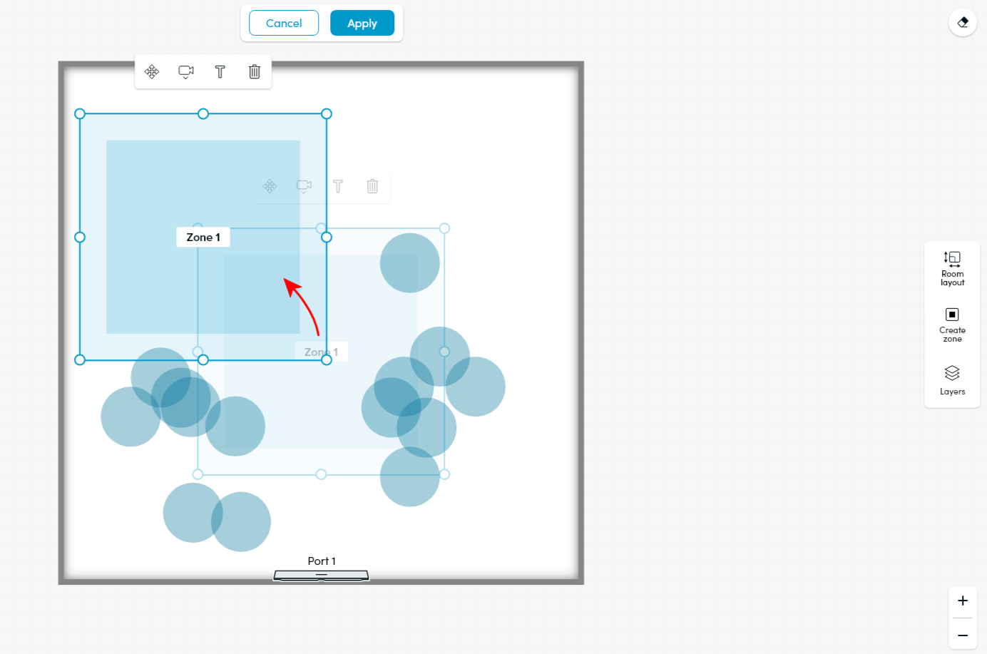 Screenshot showing a zone being created and moved for the Nureva HDL310 coverage map.
