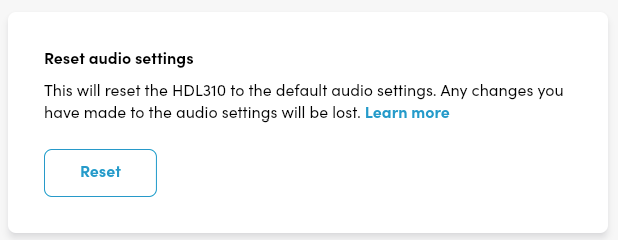 Screenshot showing the Nureva HDL310 audio settings reset button.