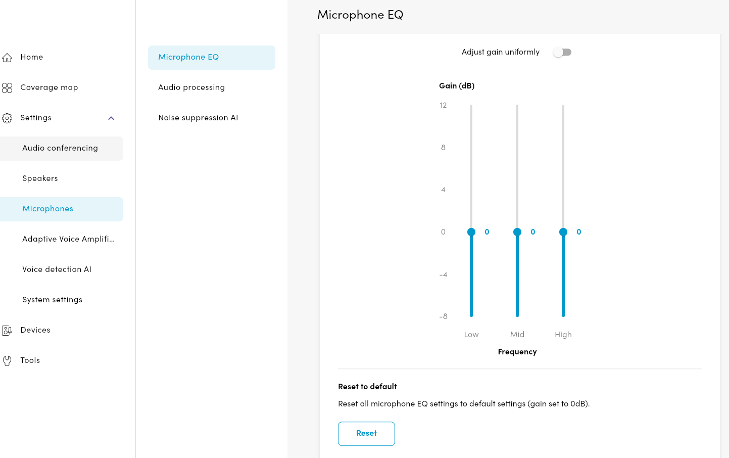 Screenshot showing the microphone EQ adjustments for an HDX system.