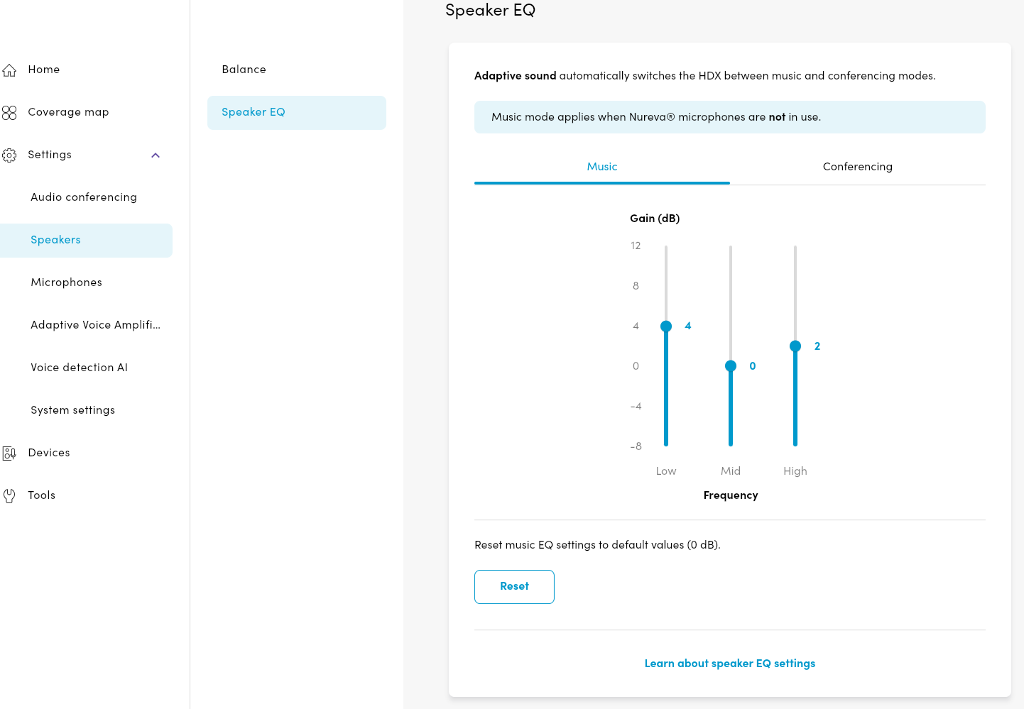 Screen shot showing the speaker equalizer settings for an Nureva HDX system.