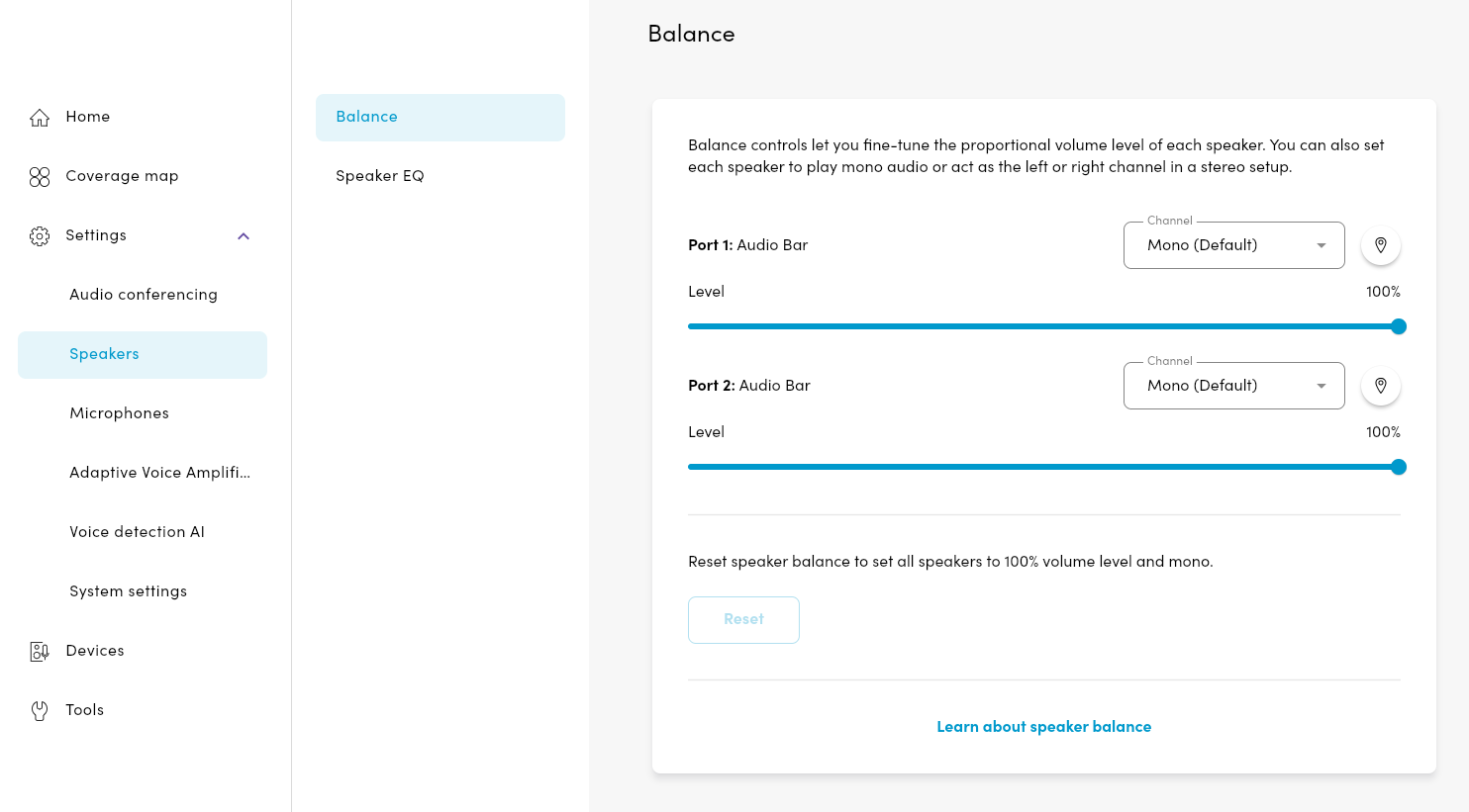 Screenshot showing how to adjust the speaker balance with a Nureva HDX system.