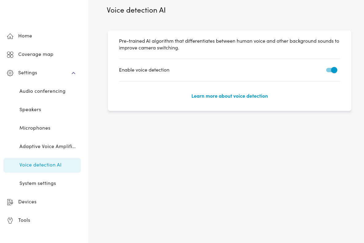 Screenshot showing the voice detection AI dashboard for a Nureva HDX system.