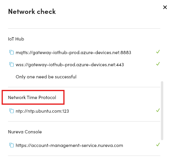 Screenshot of the network check tool showing the location of the URL for NTP.