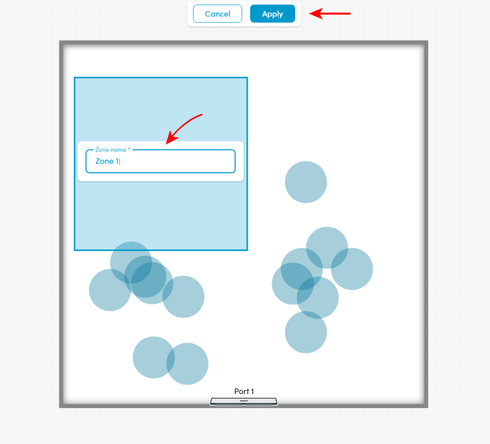 Screenshot showing where to type the new name for a zone on the Nureva HDL310 coverage map.