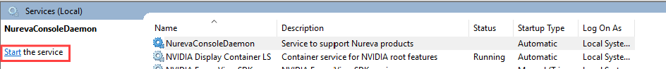 Screenshot showing the Nureva daemon button for starting the Windows service.