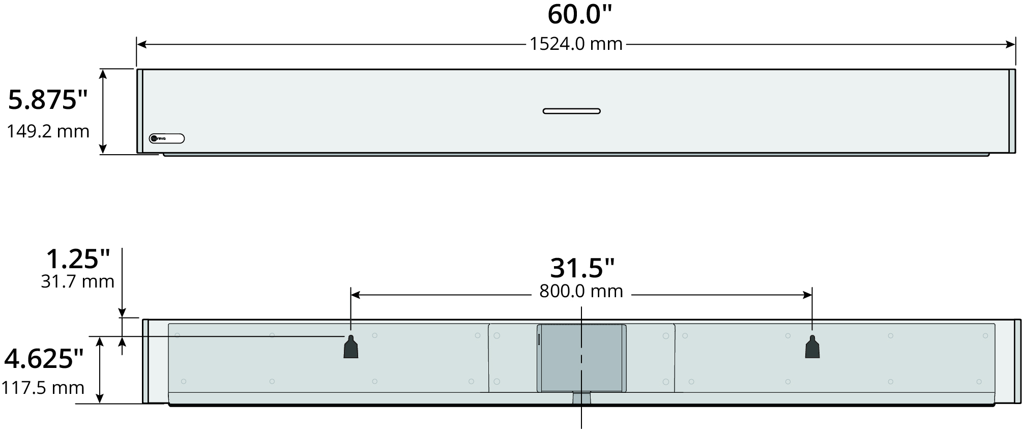 Diagram showing the important dimensions of the microphone and speaker bar.