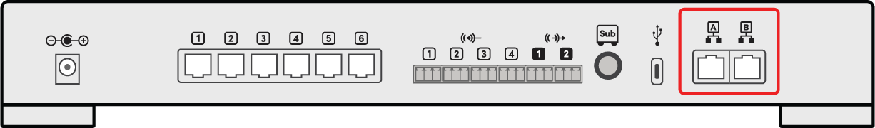 Illustration showing the rear network ports on the back of the HDX system hub.