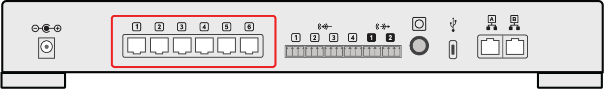 Illustration showing the device connection ports on the HDX system hub.