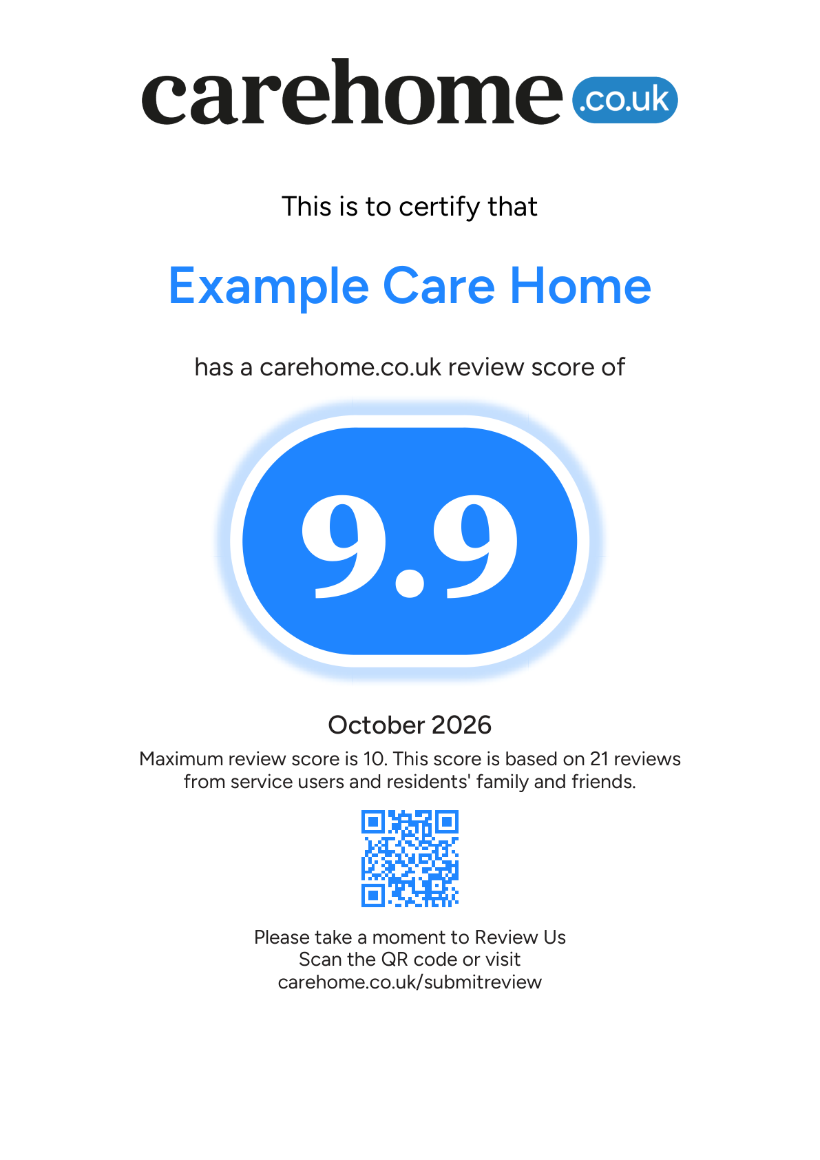 Example Review Score certificate for a fictional setting called Example Care Home