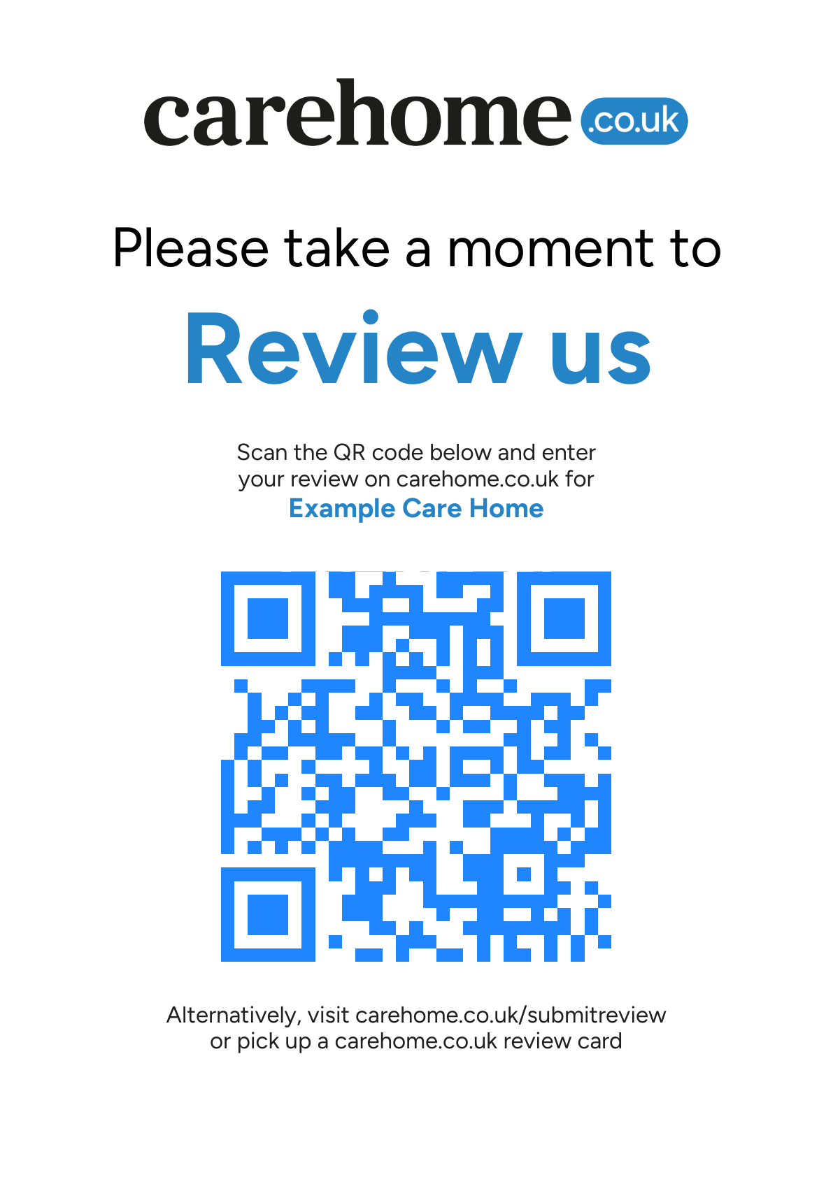Example 'Review Us' poster for a fictional setting called Example Care Home