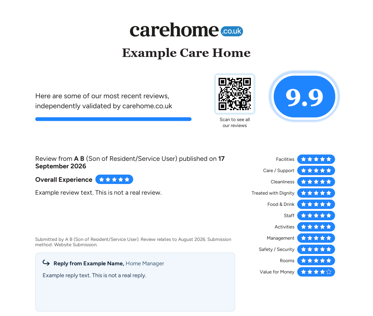 Top of page 1 of an example reviews PDF for a fictional setting called Example Care Home