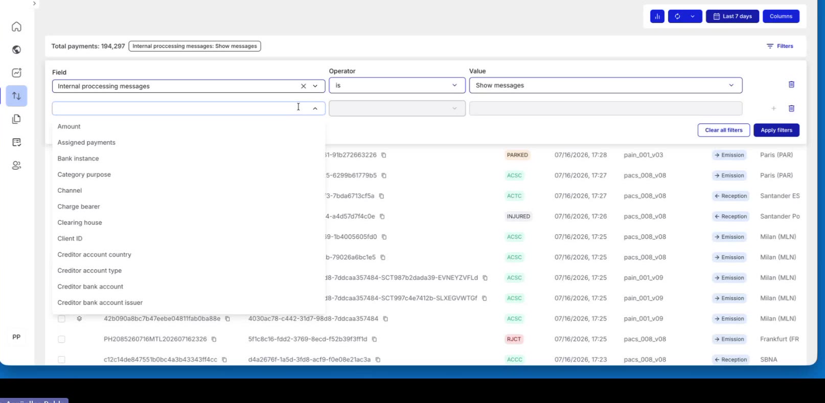 Field dropdown listing all payment data-model attributes