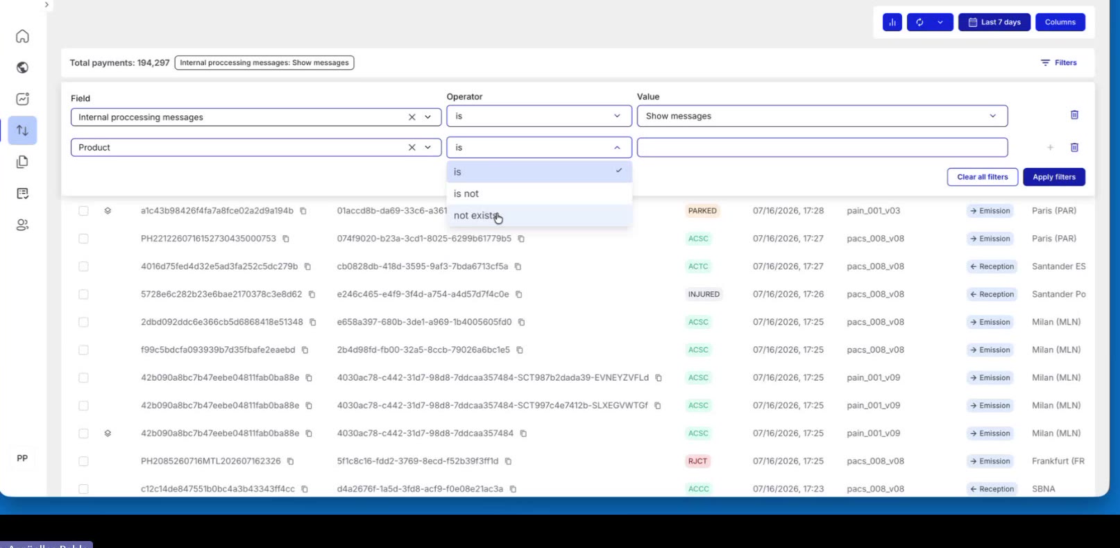 Operator dropdown showing Is, Is not, and Not exists