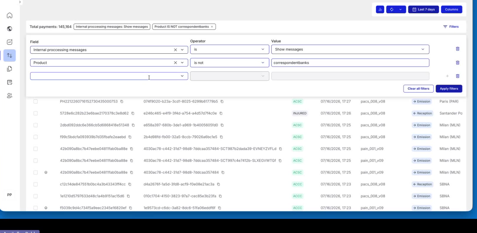Payment List filtered by Product Is not correspondentbanks, total reduced to 145,164
