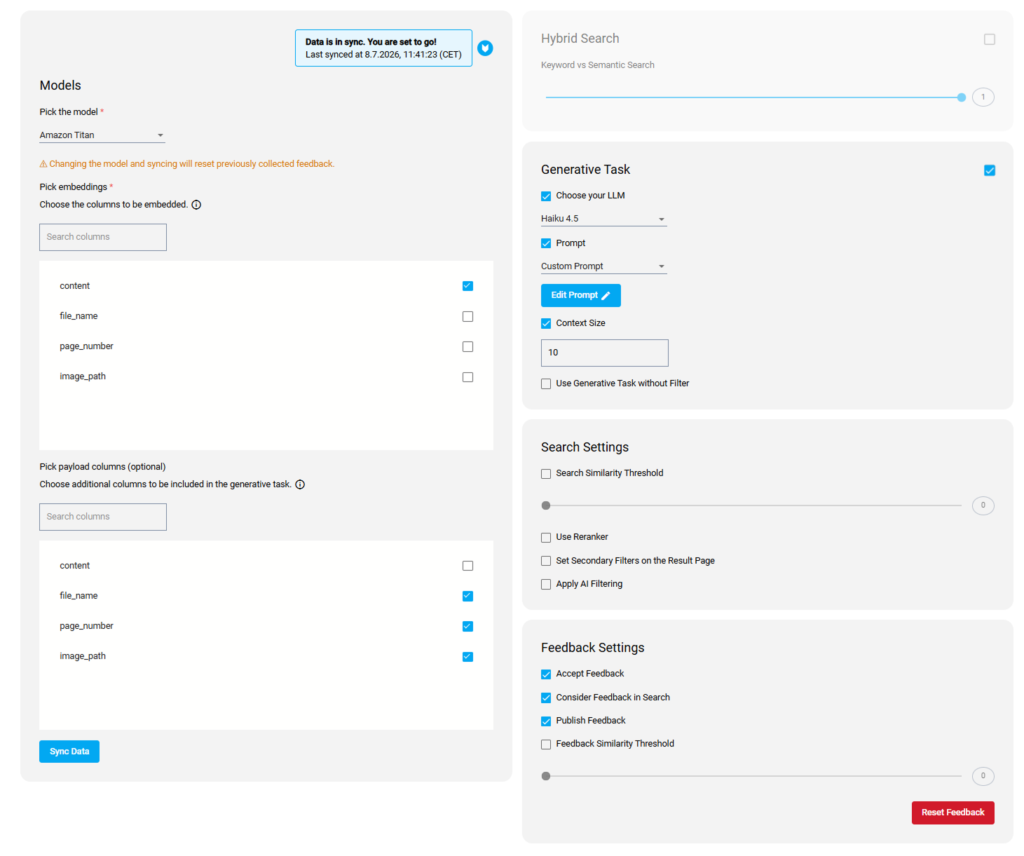 User interface for selecting models and settings in a data synchronization tool.