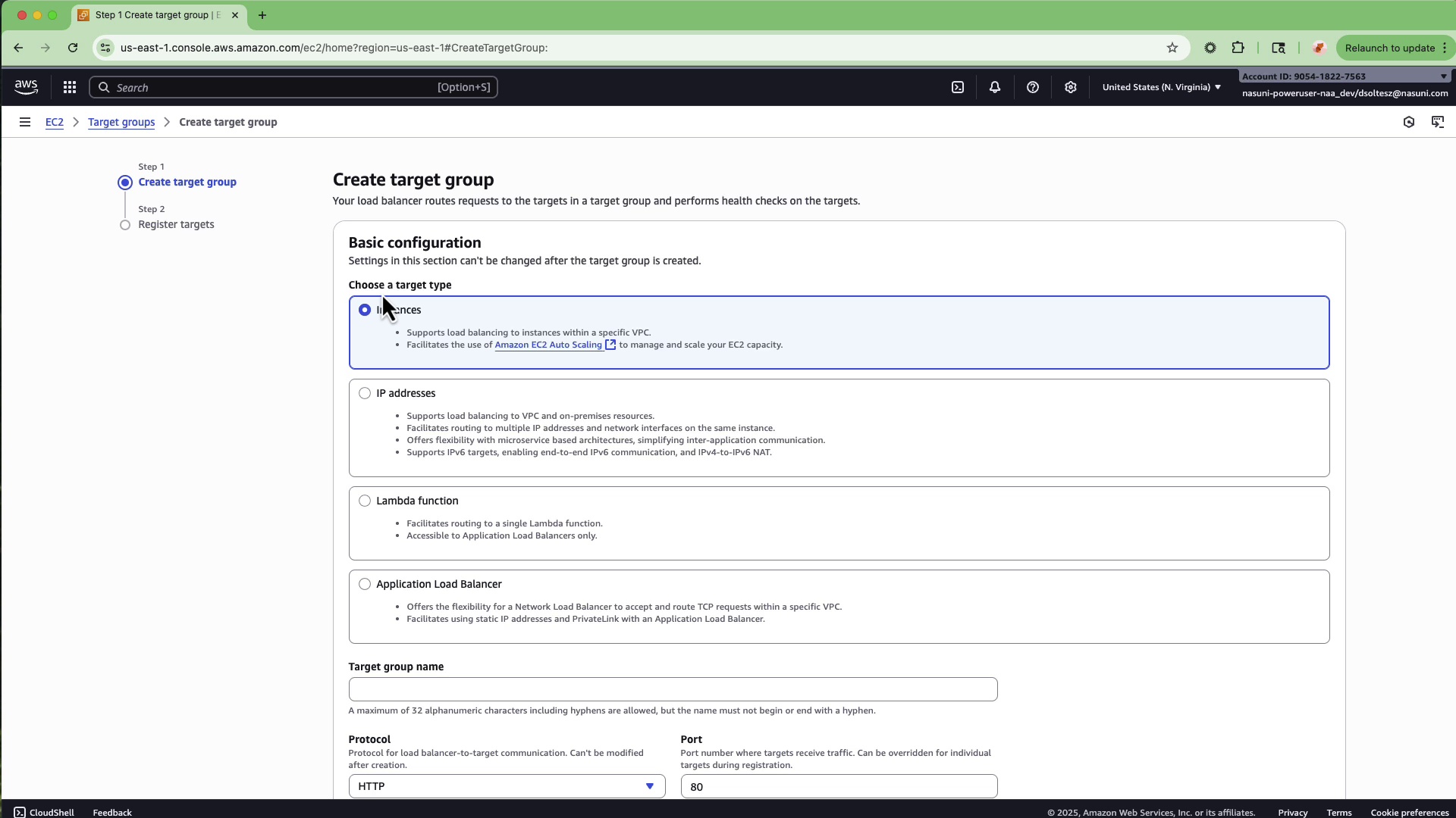 Screenshot showing the creation of a target group