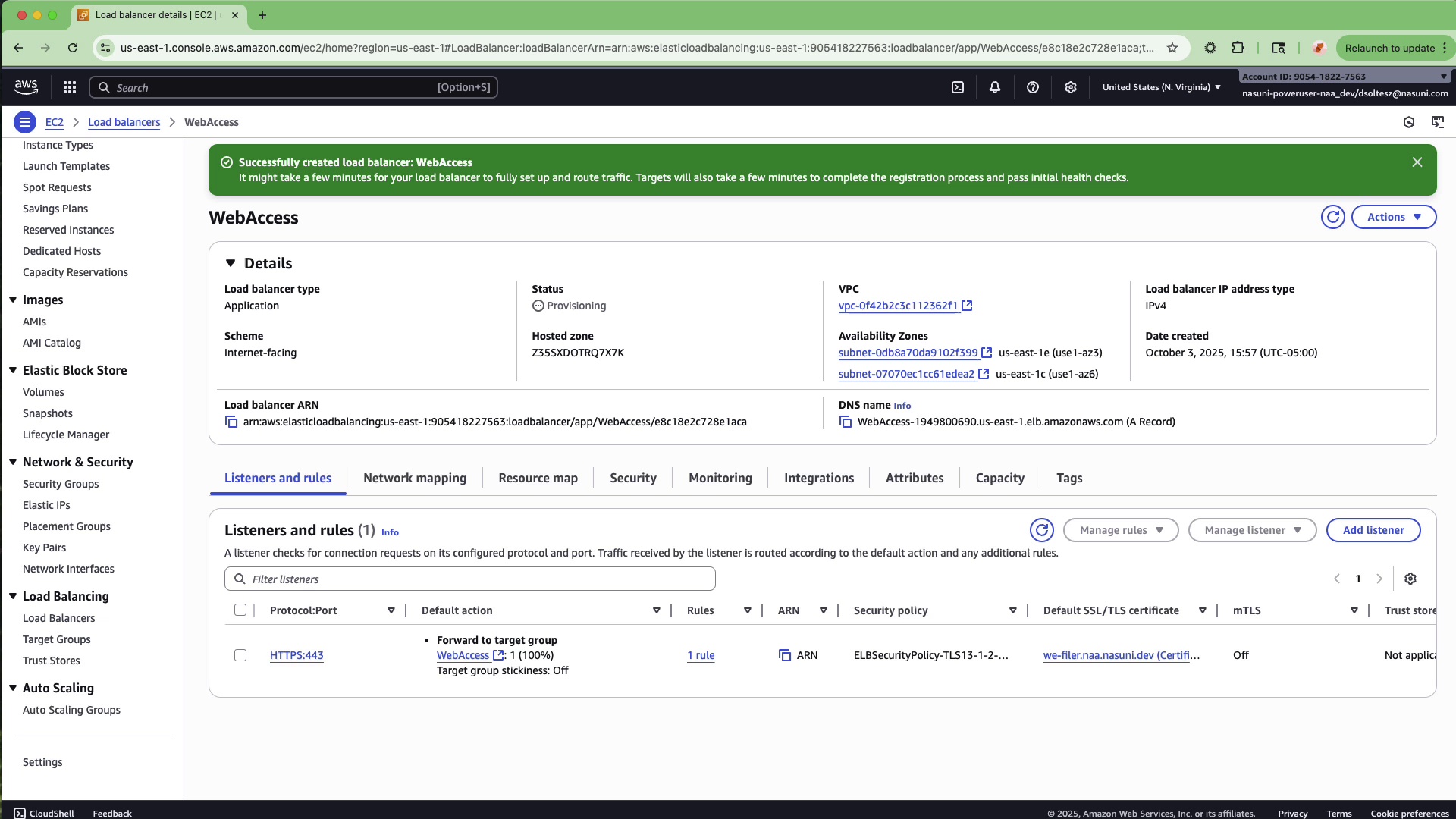 Screenshot showing the final review of load balancer settings