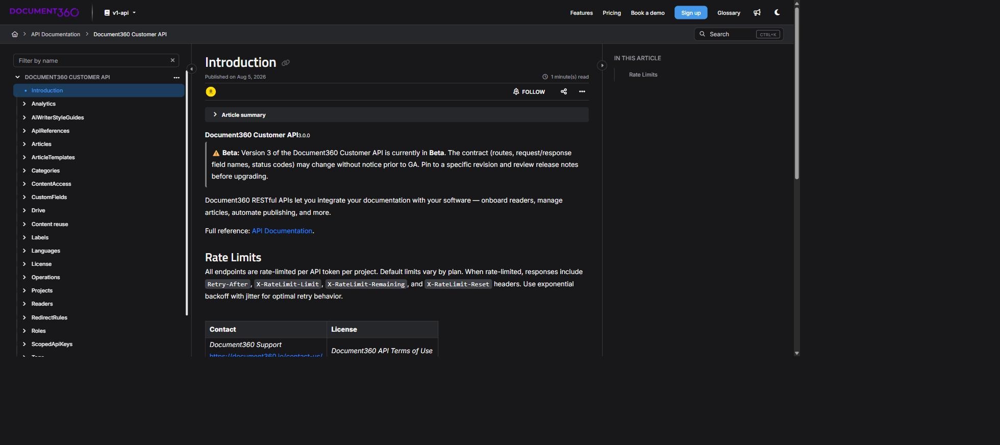 The v3 API reference in the knowledge base site