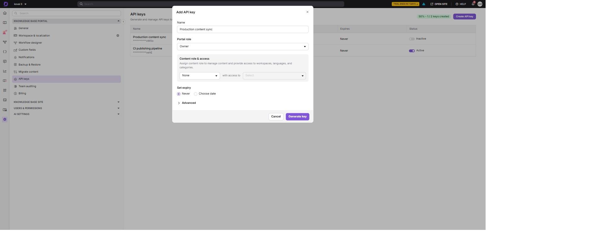 The Add API key dialog showing name, portal role, content role and access, and expiry