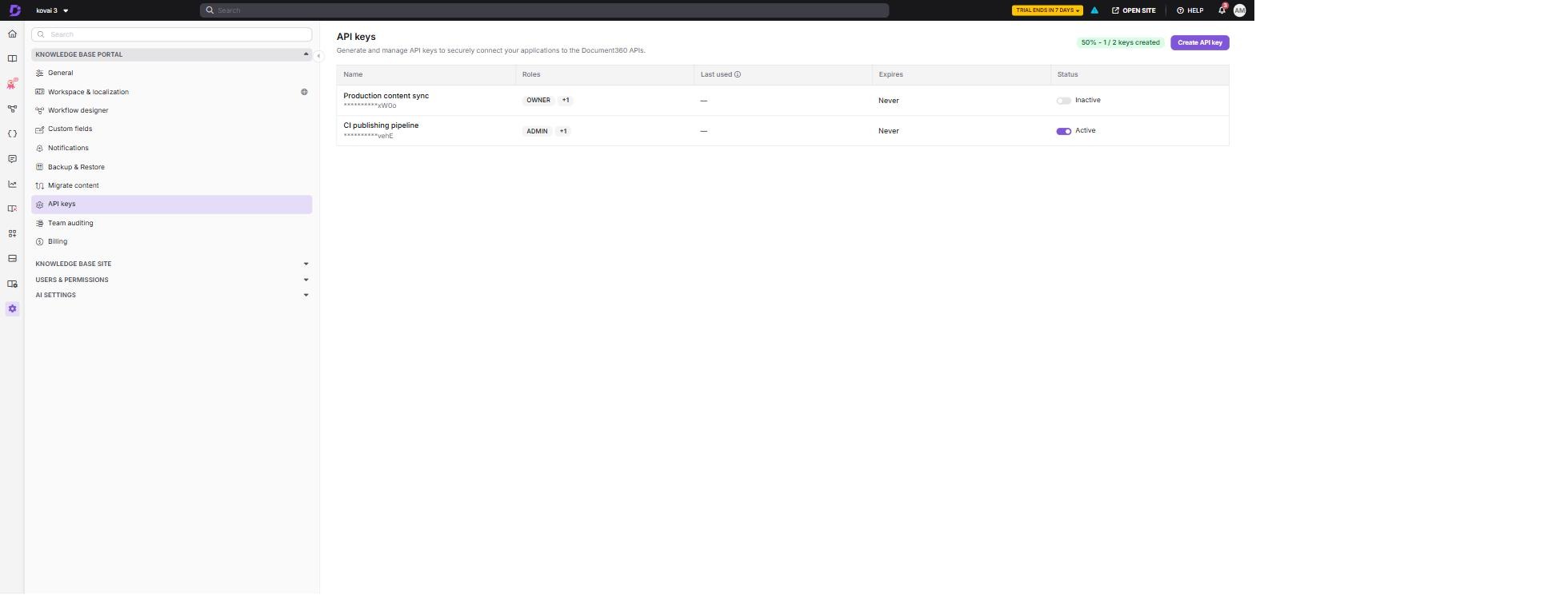 API keys overview page in the knowledge base portal