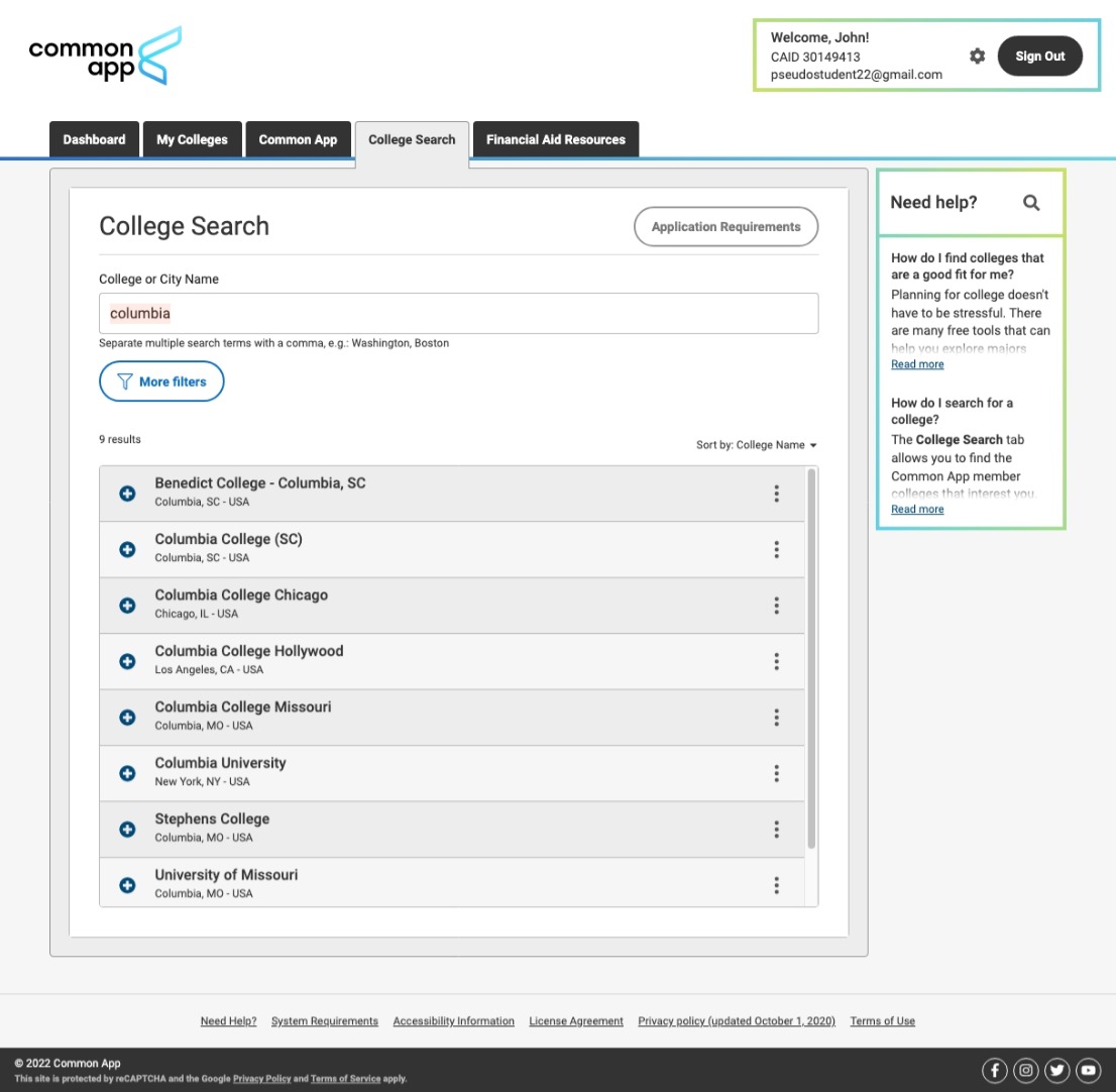 CommonApp College Search Sample