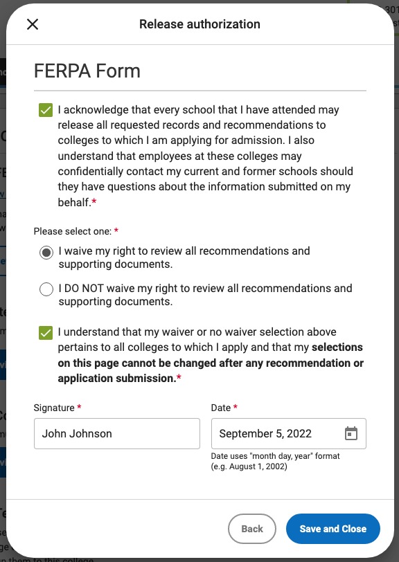 CommonApp FERPA Form Sample