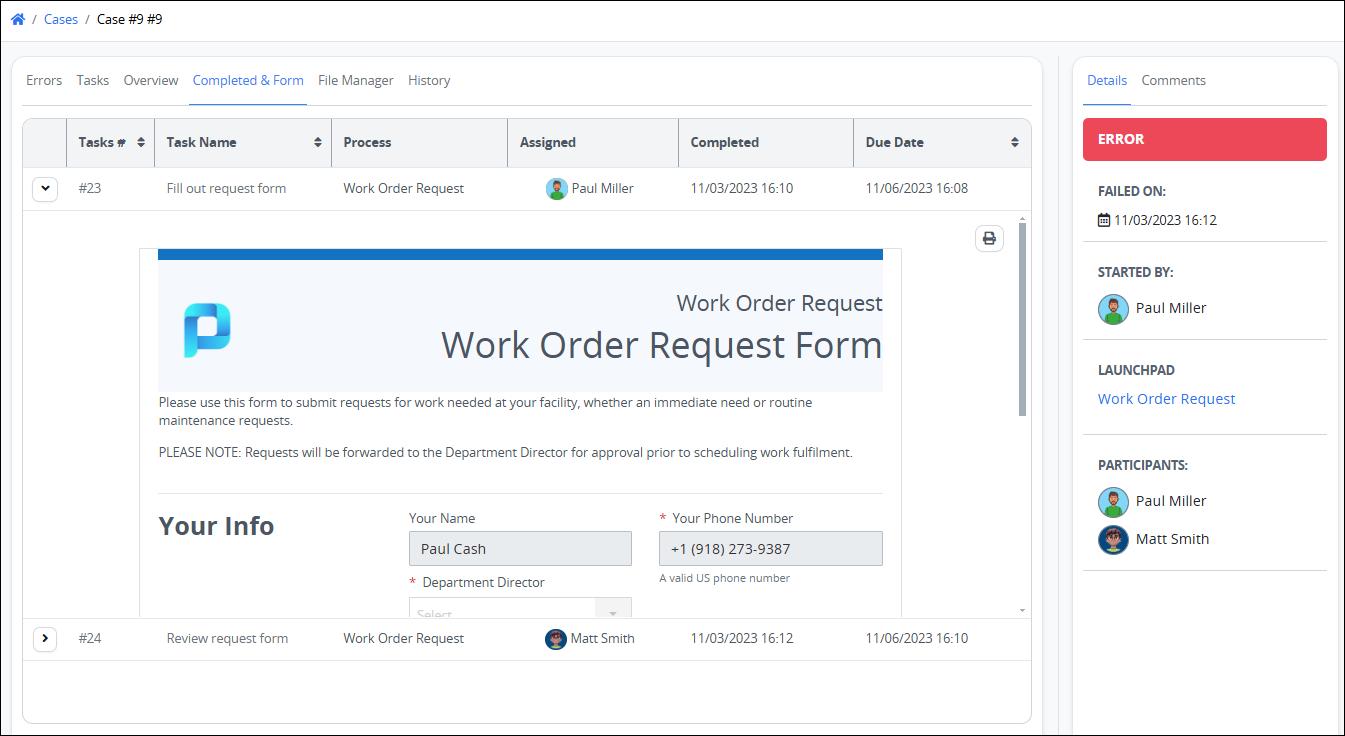 Case completed and form