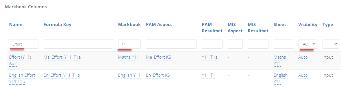 markbook columns