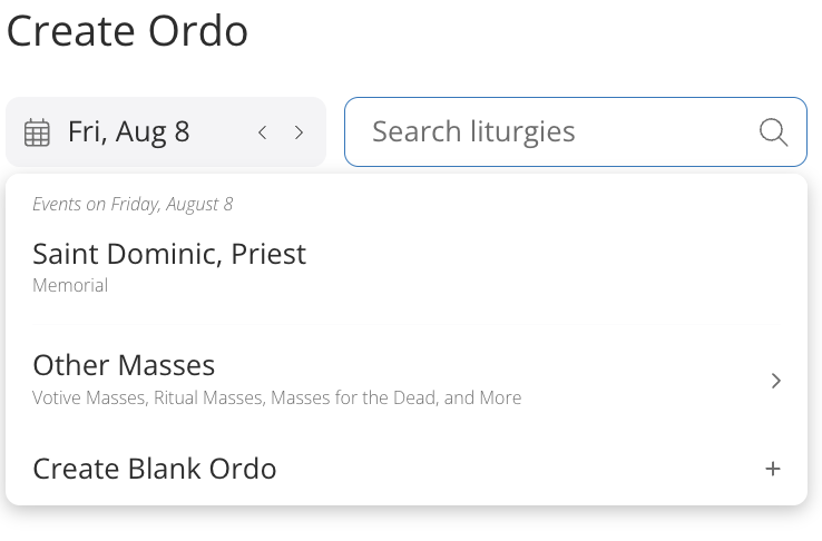 Create Ordo interface displaying Saint Dominic's memorial.
