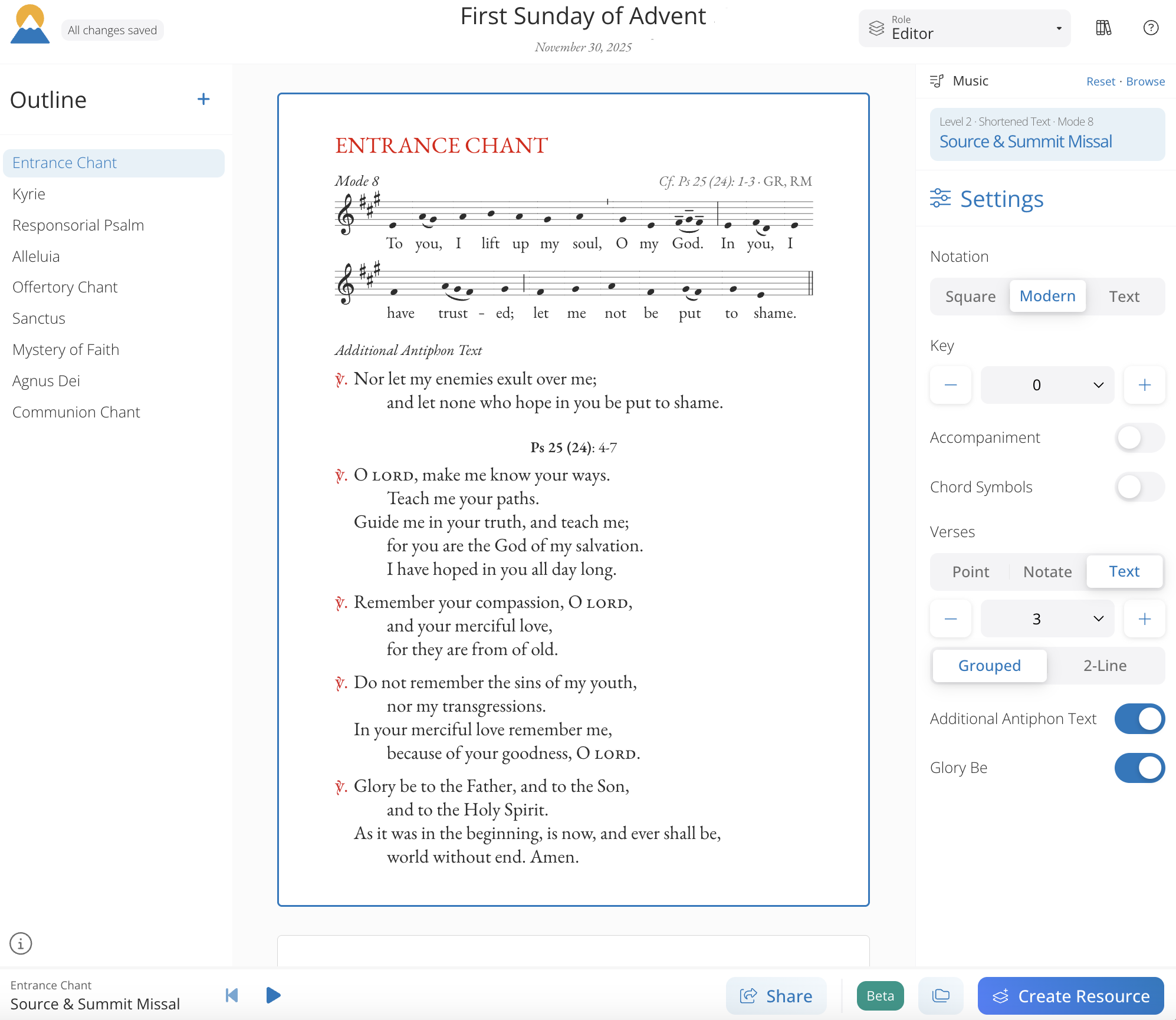 The Ordo Editor page for the First Sunday of Advent.