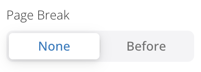 Options for page break settings for individual sections, including "None" and "Before".