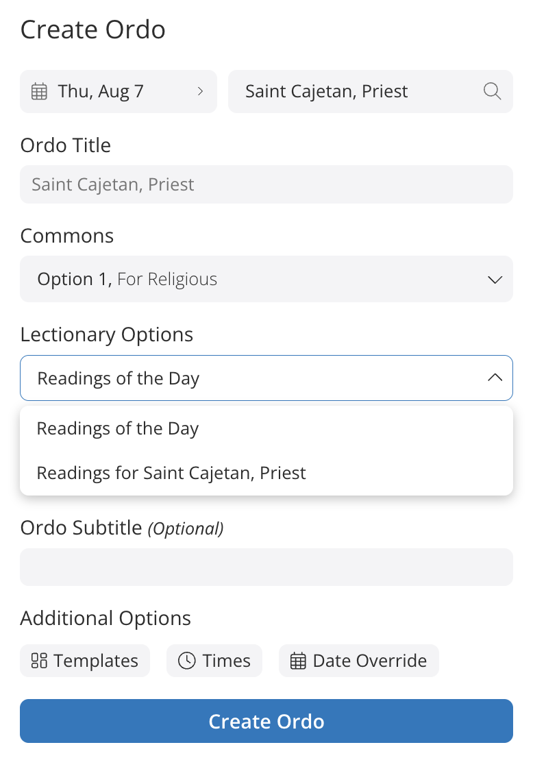 Create Ordo interface displaying reading options for Saint Cajetan, Priest and additional settings.