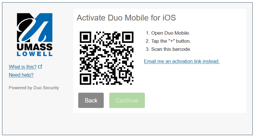 Screenshot for Activate Duo Mobile with a QR code and instructions.