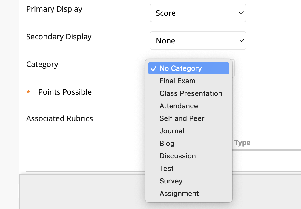 category drop down options