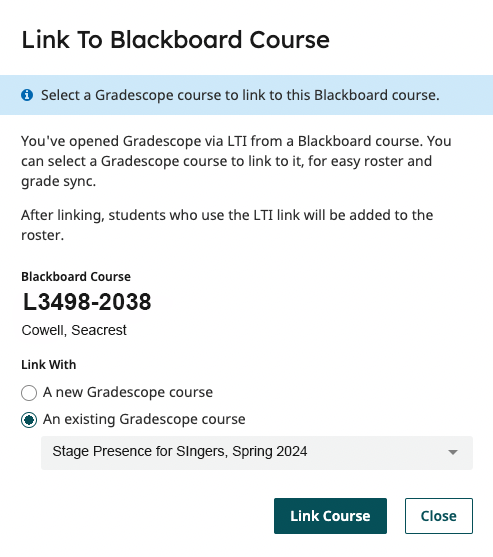 gradescope pop up to link to blackboard