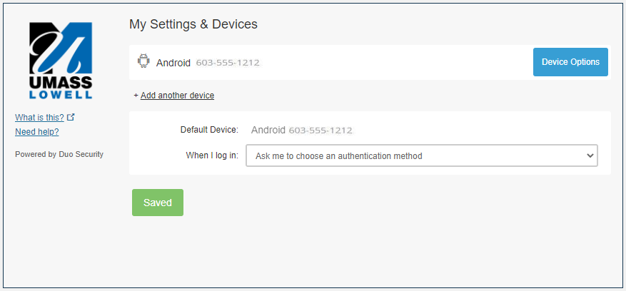Screen shot showing My Settings and Devices and an android phone listed and Device Options dropdown menu listing how you wish to authenticate