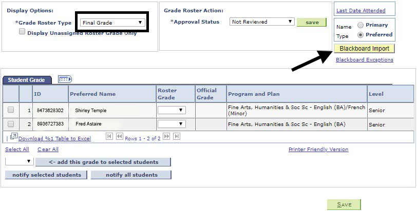 how to find the final grade drop down and blackboard import button