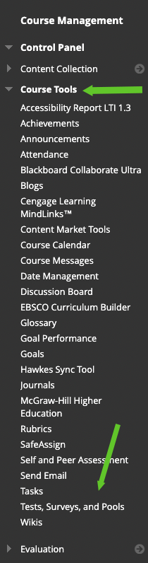 image of course tools list pointing out course tools and test, surveys and pools