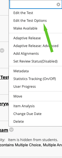 drop down with arrow pointing to edit the test options