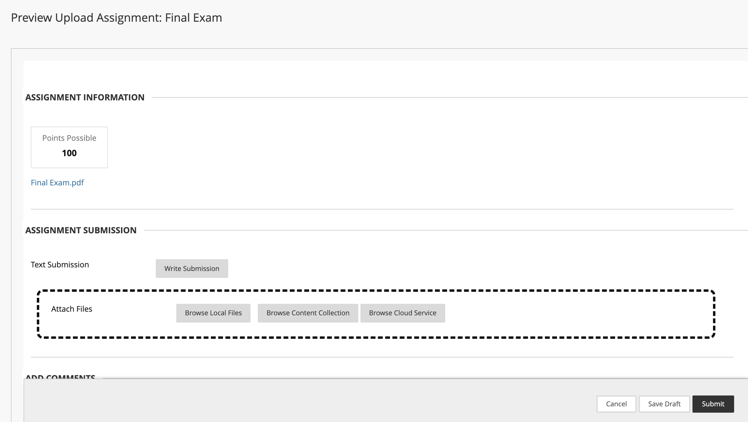 student view when uploading a test document in the assignment tool