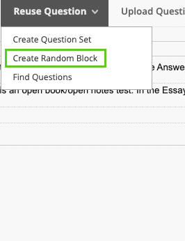reuse questions options with create random block highlighted