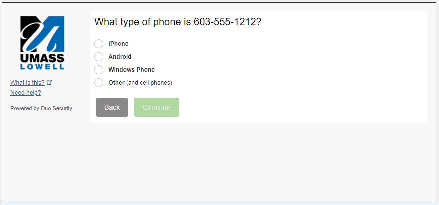 Screenshot of screen with options to select which type of phone you have