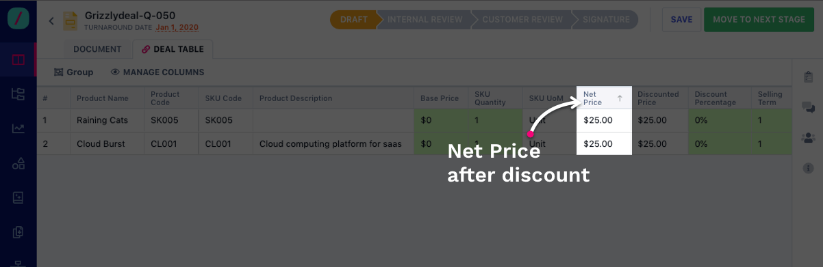 Revv quote table net price