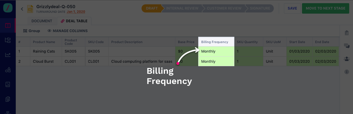 Quote table billing frequency