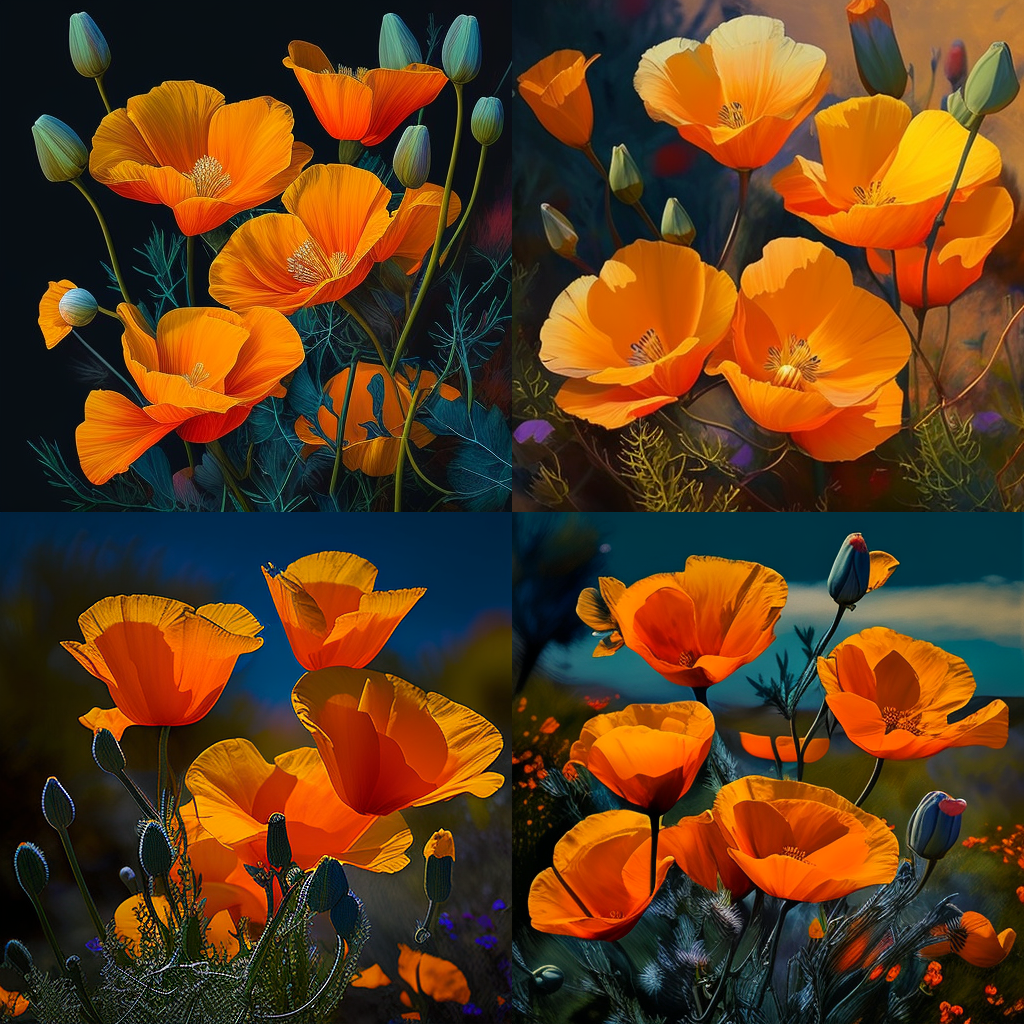 Midjourney Version v4 example image of the prompt vibrant california poppies